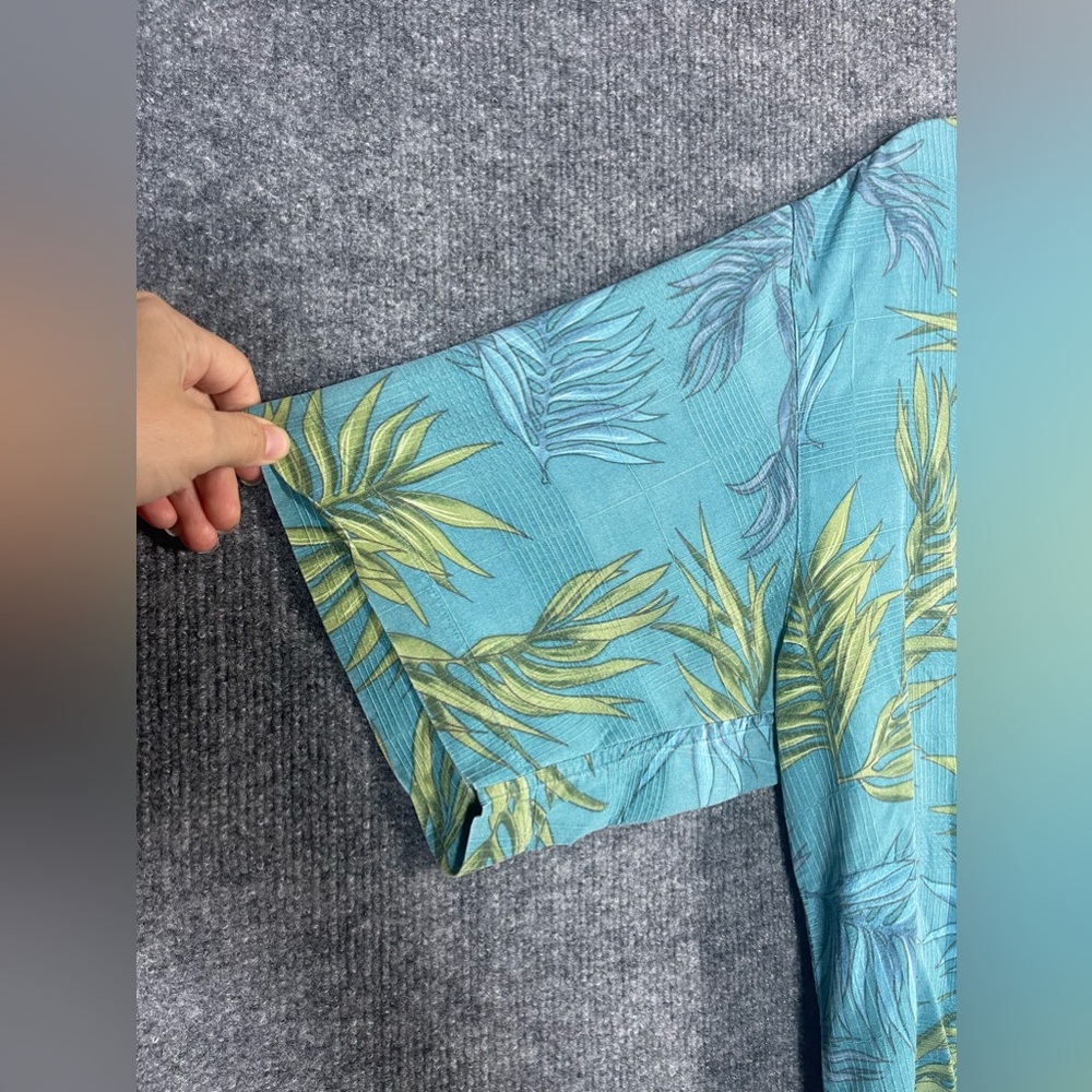 Island Republic Mens Large 100% Silk Blue Green Tropical Leaf Short Sleeve Shirt - Picture 6 of 10